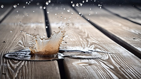 Water splashes on a wooden background. Water drops in motion.の素材