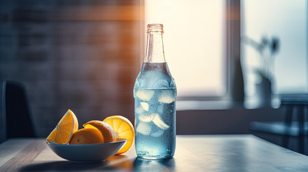 bottle of water with lemon and orange on the table in the kitchenの素材