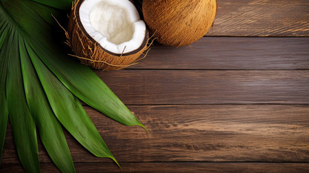 Coconut and palm leaves on wooden background. Top view with copy spaceの素材