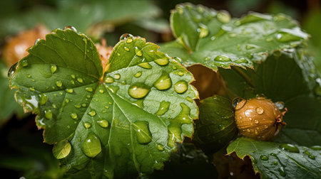 Strawberry leaves with dew drops after rain. Shallow depth of fieldの素材