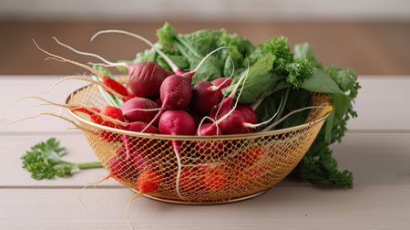Basket with fresh radishes on wooden table, closeup viewの素材