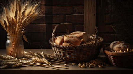 Basket of bread and wheat ears on a wooden table in a bakeryの素材