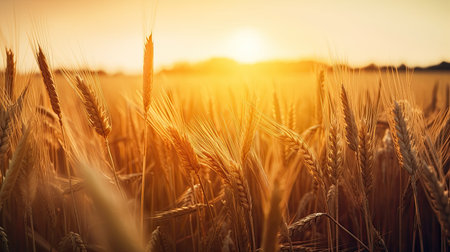 Wheat field. Ears of golden wheat close up. Beautiful Nature Sunset Landscape.の素材