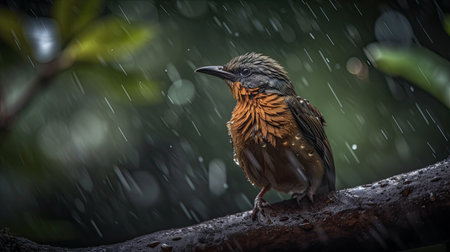 Babbler (Turdus babbler) in rainの素材