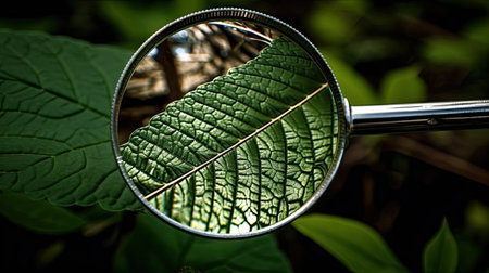 Close up of a magnifying glass on a green leaf with reflectionの素材