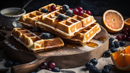 Belgian waffles with blueberries, raspberries and orangesの素材