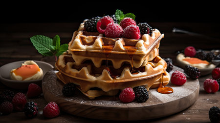 Belgian waffles with fresh raspberries, blackberries and honeyの素材