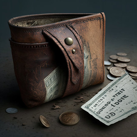 Old brown leather wallet with coins and banknotes on a dark backgroundの素材
