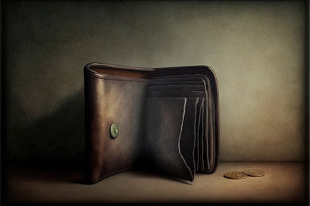 Old wallet with coins on grunge background, concept of poverty.の素材