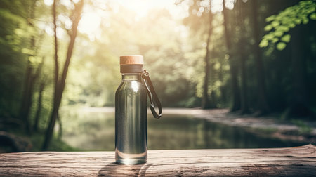 Water bottle on wooden table with nature background,vintage tone.の素材