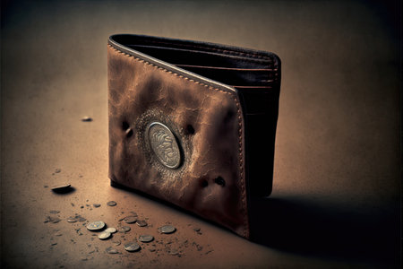 Brown leather wallet with coins on a dark background. Selective focus.の素材