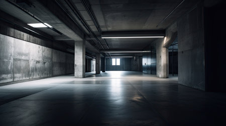 interior of an empty parking lot with concrete walls and a long corridorの素材