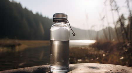Glass bottle of water on the shore of a mountain lake in the morning.の素材