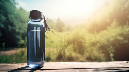 Water bottle on a wooden table in front of a mountain landscape.の素材