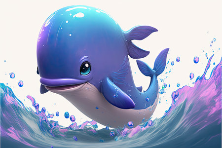 Cute cartoon whale in the ocean. 3d illustration. White background.の素材