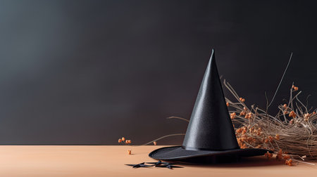Halloween witch hat on wooden table and black background with copy spaceの素材