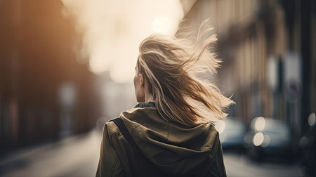 Portrait of a young woman with flying hair in the city.の素材