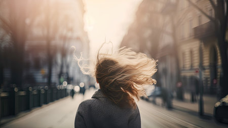Young woman with flying hair in the city. Blurred background.の素材