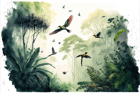 Tropical forest with birds. Watercolor hand drawn illustration.の素材