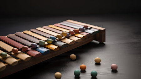 Colorful wooden xylophone on a black background. Selective focus.の素材