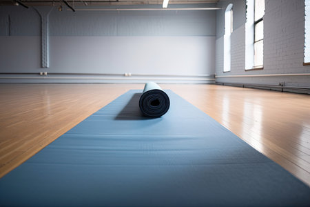 Yoga mat on the floor in a fitness studio, side viewの素材