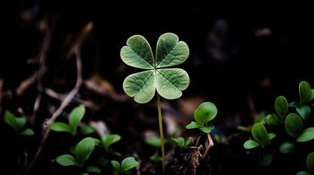 four leaf clover on black background with shallow depth of field.の素材
