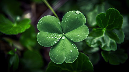 Clover leaf with water droplets on it. Green background.の素材