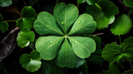 Green clover leaves with water drops on dark background, top viewの素材