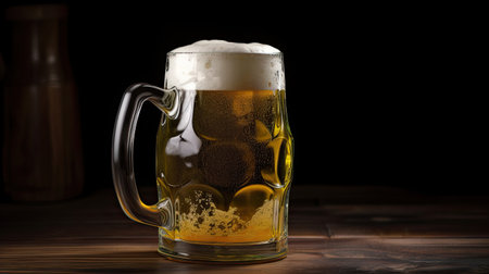 Mug of beer with foam on wooden table against black background.の素材