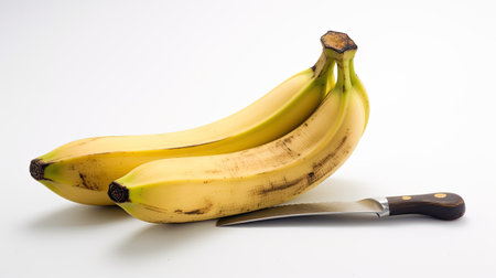 Banana and knife on a white background. The concept of healthy eating.の素材