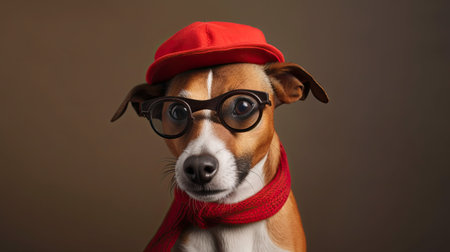Funny dog in a red cap and glasses on a dark backgroundの素材