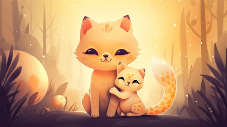Cute fox and cat in the forest. Cartoon vector illustration.の素材