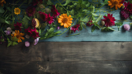 Colorful flowers on rustic wooden background with space for text.の素材
