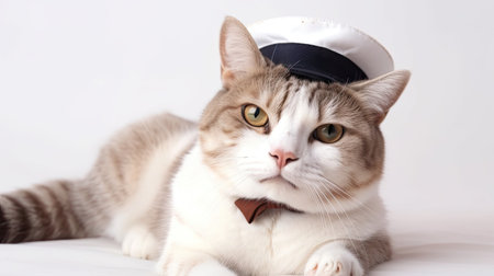 Beautiful cat in a sailor's cap on a white background.の素材