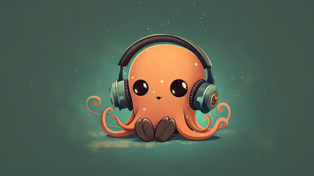Cute octopus listening to music with headphones. Vector illustration.の素材