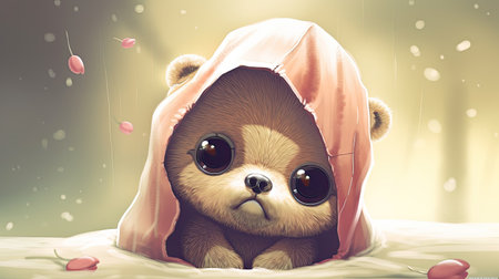 Cute dog under the blanket in the rain with falling petalsの素材