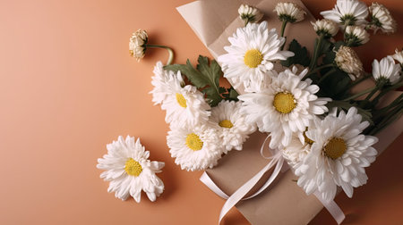 Bouquet of white daisies and gift box on orange backgroundの素材