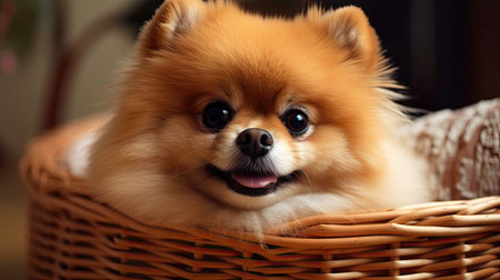 Pomeranian dog in a wicker basket, close-upの素材