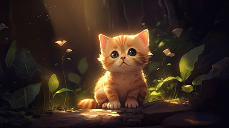 Cute ginger cat sitting on the floor in the green garden.の素材