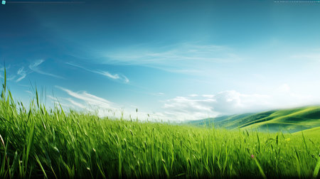 Green meadow and blue sky with white clouds. Nature composition.の素材