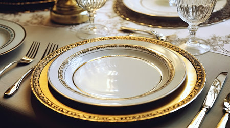 Beautiful table setting with golden plates and cutlery, closeupの素材