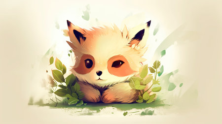 Illustration of a cute little fox on a background of green leavesの素材