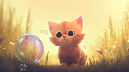 cute little fox in the grass with soap bubbles in the backgroundの素材