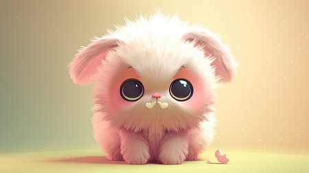 Cute cartoon rabbit with pink eyes and white fur sitting on the floorの素材