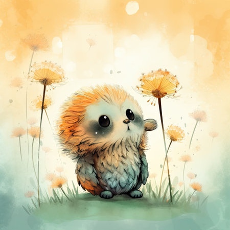Cute cartoon hedgehog with dandelions in the meadowの素材