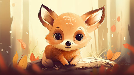 Cute little baby fox in the autumn forest. Vector illustration.の素材