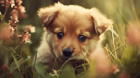 Cute little puppy in the green grass. Vintage style tonedの素材