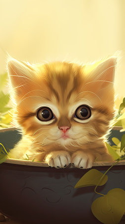 Cute little kitten sitting in a bowl with green leaves and looking upの素材