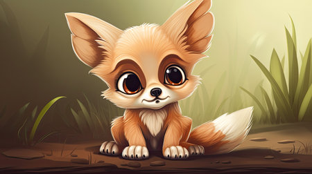 Cute little fox sitting on the ground in the forest illustration.の素材