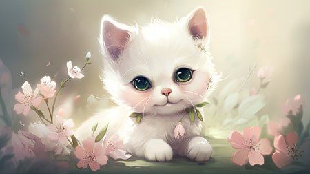 Cute white kitten with green eyes and pink flowers on a green backgroundの素材